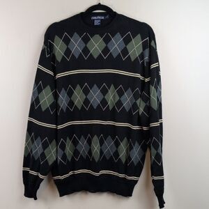 Nautica Men's Black Argyle Cotton Sweater Size L Grandpa Classic Preppy Pullover